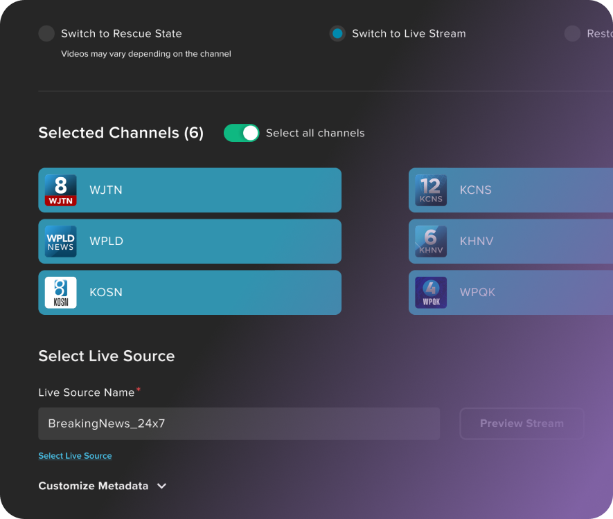 Image of Frequency interface that allows customers to distribute a live feed to multiple channels.