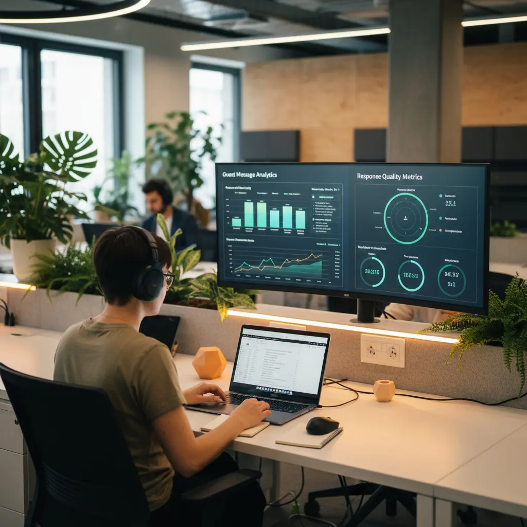 INTO specialist wearing headphones reviews guest conversations on a laptop while a curved monitor displays real time message analytics in a warm open office.