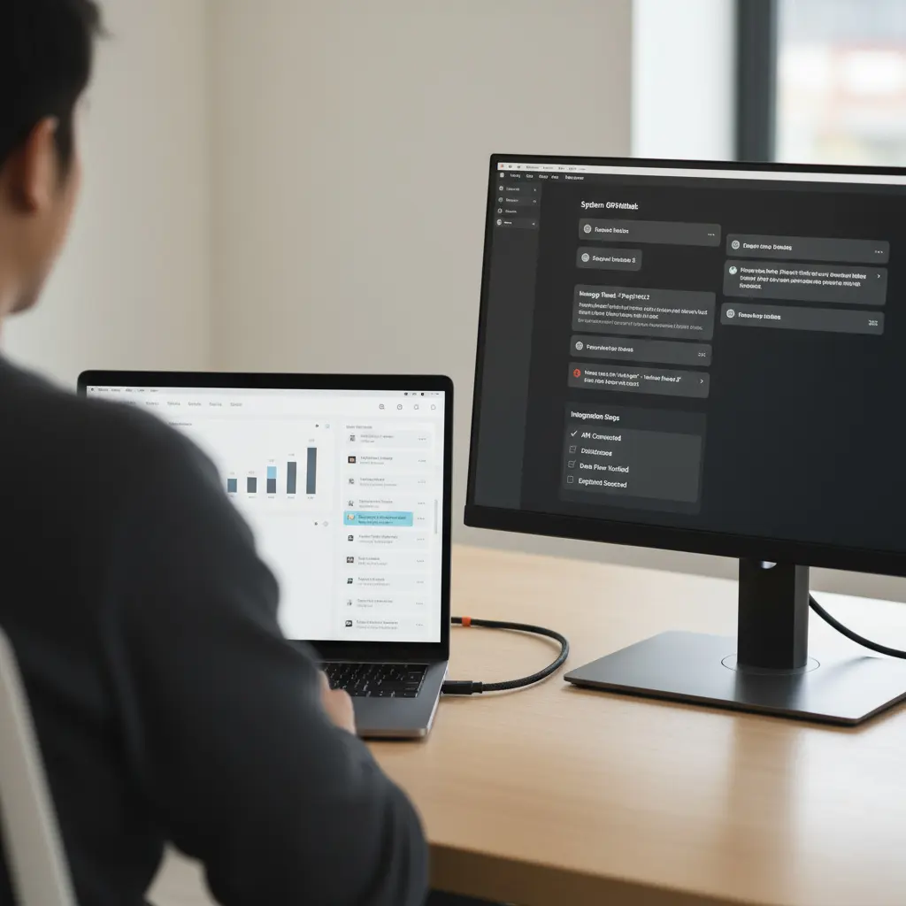 Clean tech workspace with a MacBook and single monitor showing integration panels and test chats, tidy desk, subtle golden yellow brand accent, no clutter.
