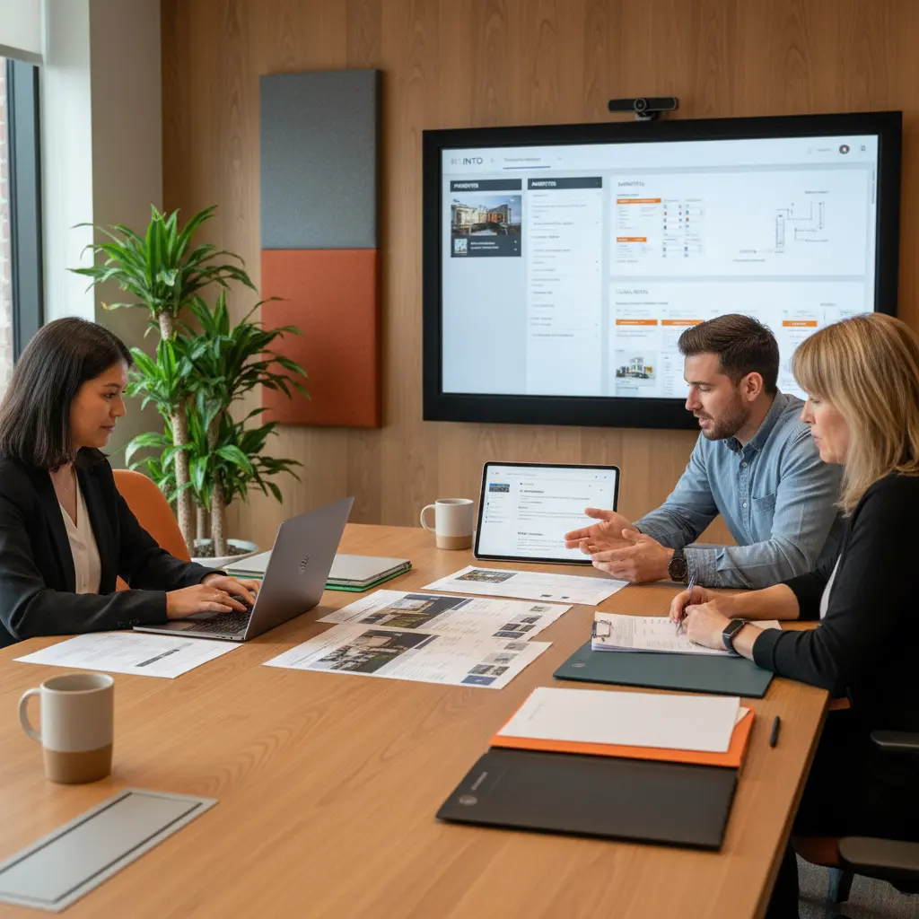 INTO team and a property manager collaborate at a warm oak table, large wall monitor shows a building knowledge base, tidy Montreal conference room.
