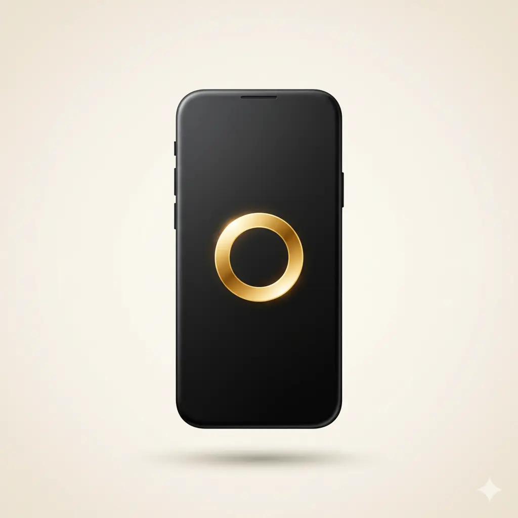 Black smartphone with a glowing golden ring displayed on the screen against a light beige background.