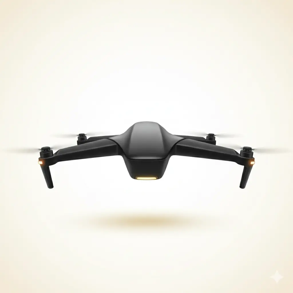 Black quadcopter drone hovering with spinning propellers against a neutral background.