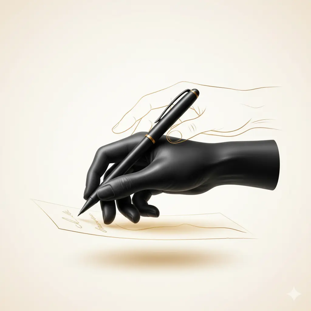 Black hand holding a pen and writing on floating paper with a sketch of a second hand above.