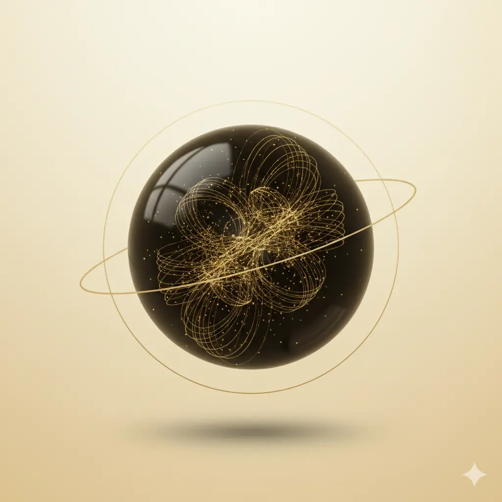 Glossy black sphere with golden swirling lines and particles, orbiting with thin golden rings on a beige background.