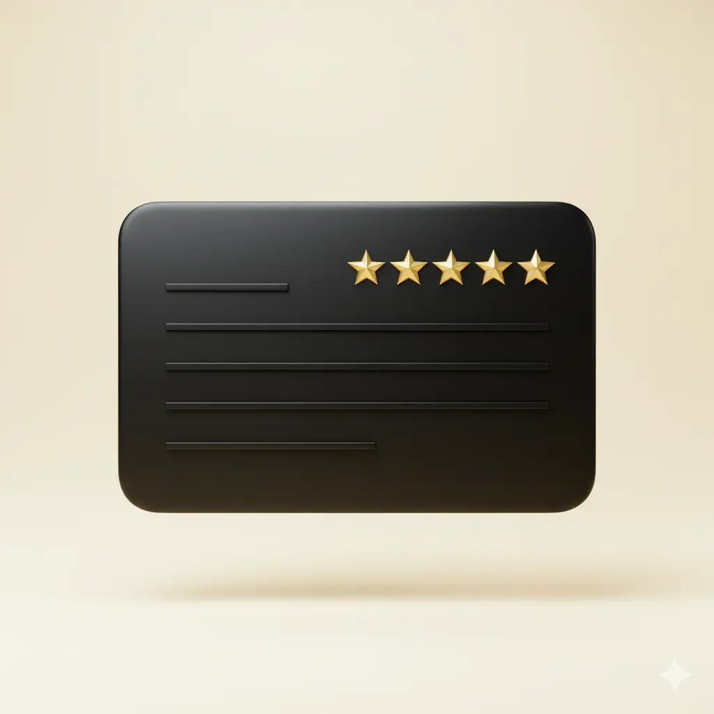 Black card with five gold stars above horizontal lines representing text on a light beige background.