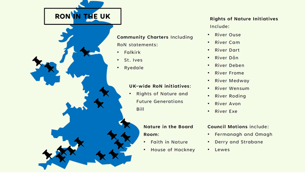 Graphic showing map of the UK with pins pointing to the location of various RON initiatives. 