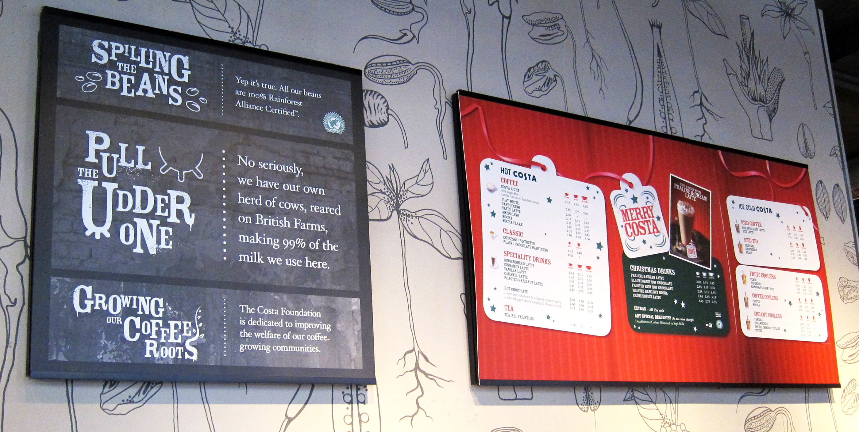 In-store Christmas menu's for Costsa Coffee.