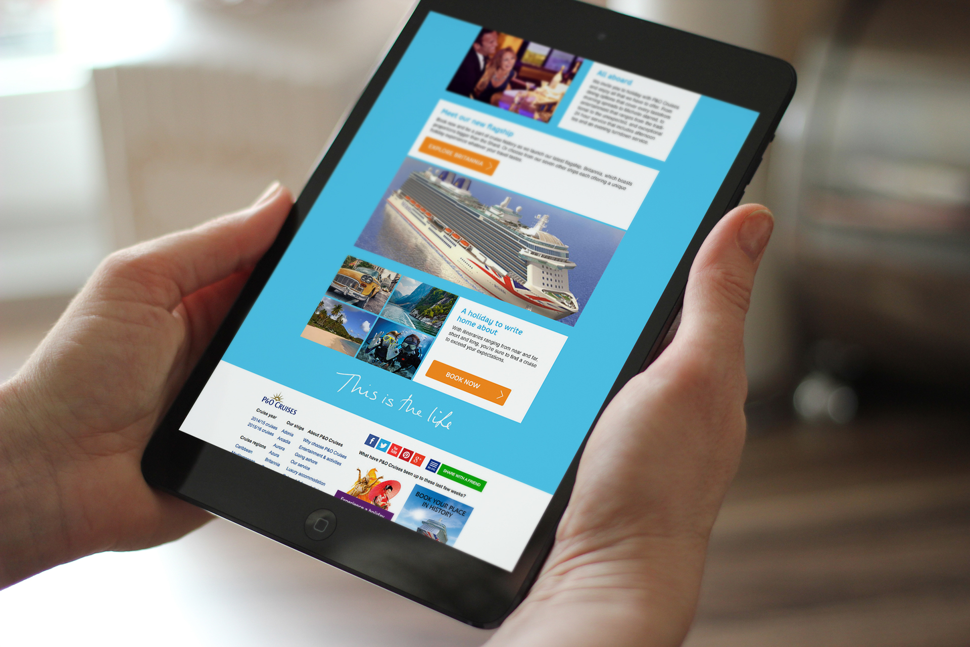 A website design for P&O Cruises displayed on an iPad.