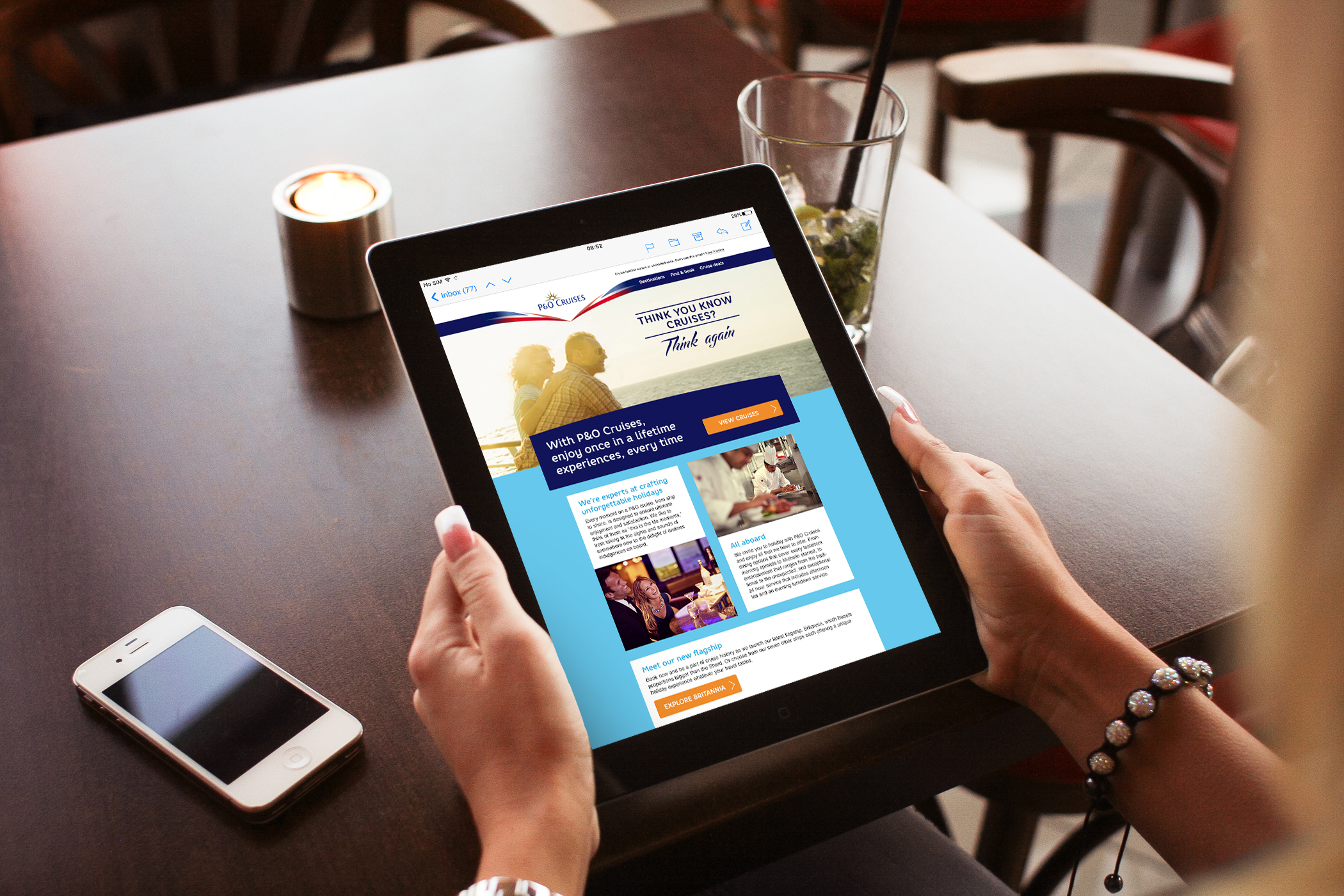 A marketing email design for P&O Cruises displayed on an iPad.