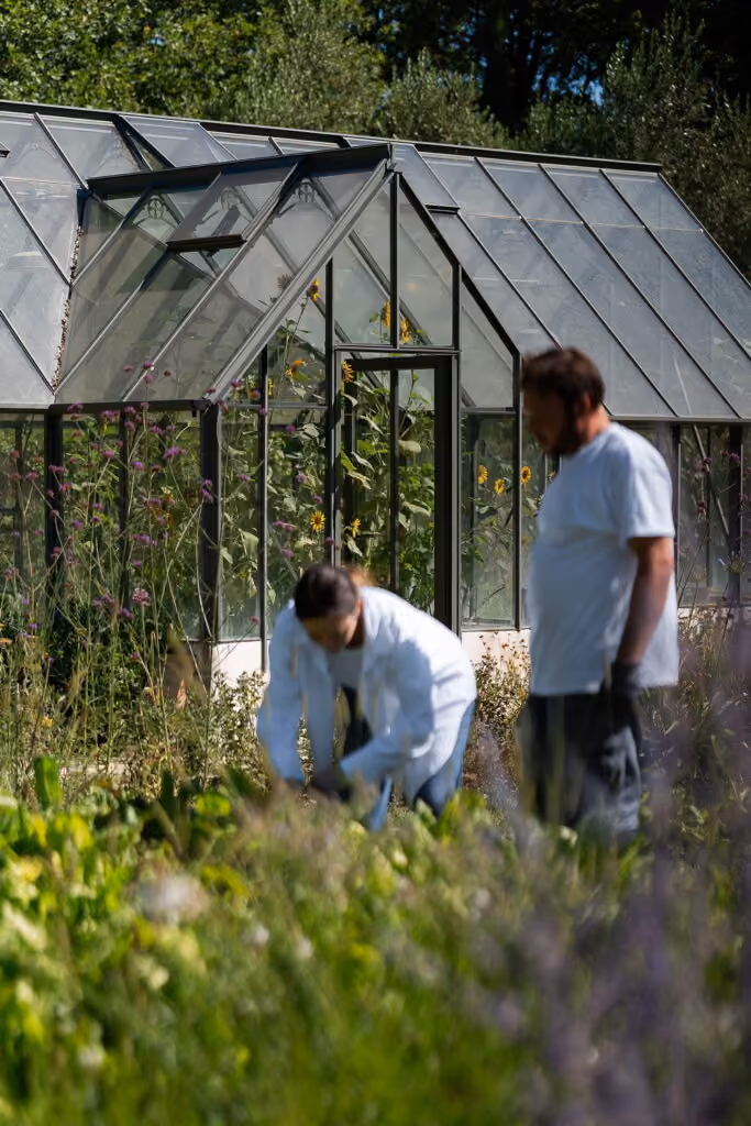 Zwei Menschen, ein Mann und eine Frau, arbeiten im Garten vor einem Gewächshaus mit Glasfenstern und Dach, umgeben von Pflanzen und Sonnenblumen im Hintergrund.