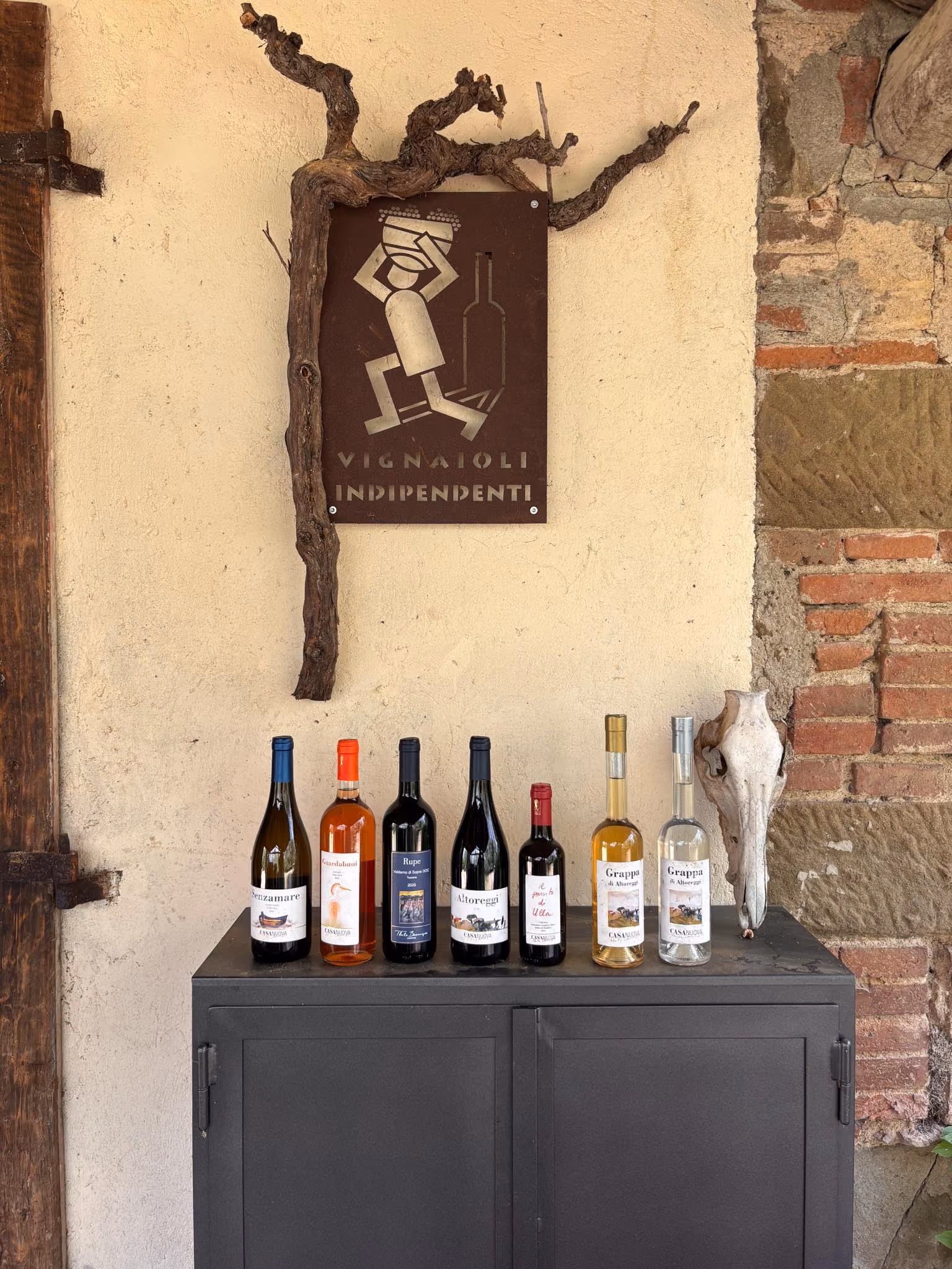 Sieben verschiedene Wein- und Grappaflaschen stehen auf einem schwarzen Schrank vor einer weißen Wand mit einem dekorativen Weinstock und einem Schild mit der Aufschrift 'Vignaioli Indipendenti'. Rechts neben dem Schrank hängt ein Tierschädel an der Wand aus Ziegeln und Stein.