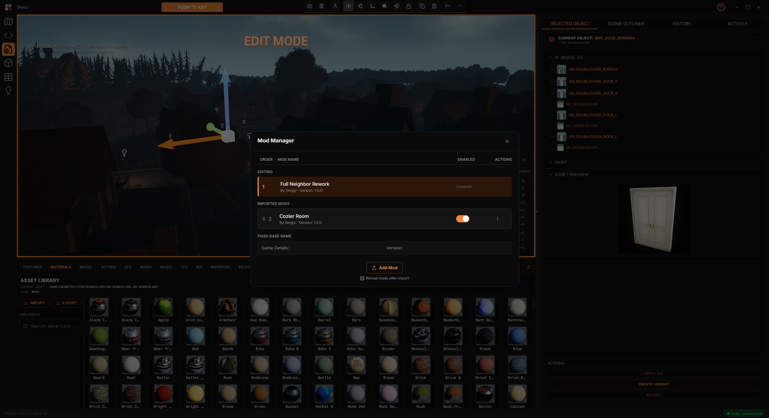 Kobo Mod Manager with an active mod, an enabled imported mod, and material thumbnails in the asset library.