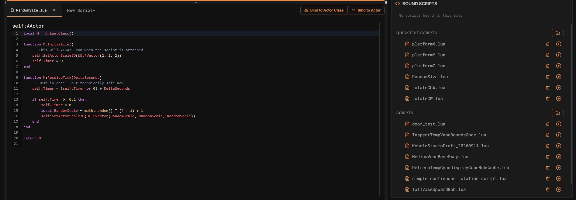 Kobo Script Editor showing a short Lua script that changes an object’s size at random.