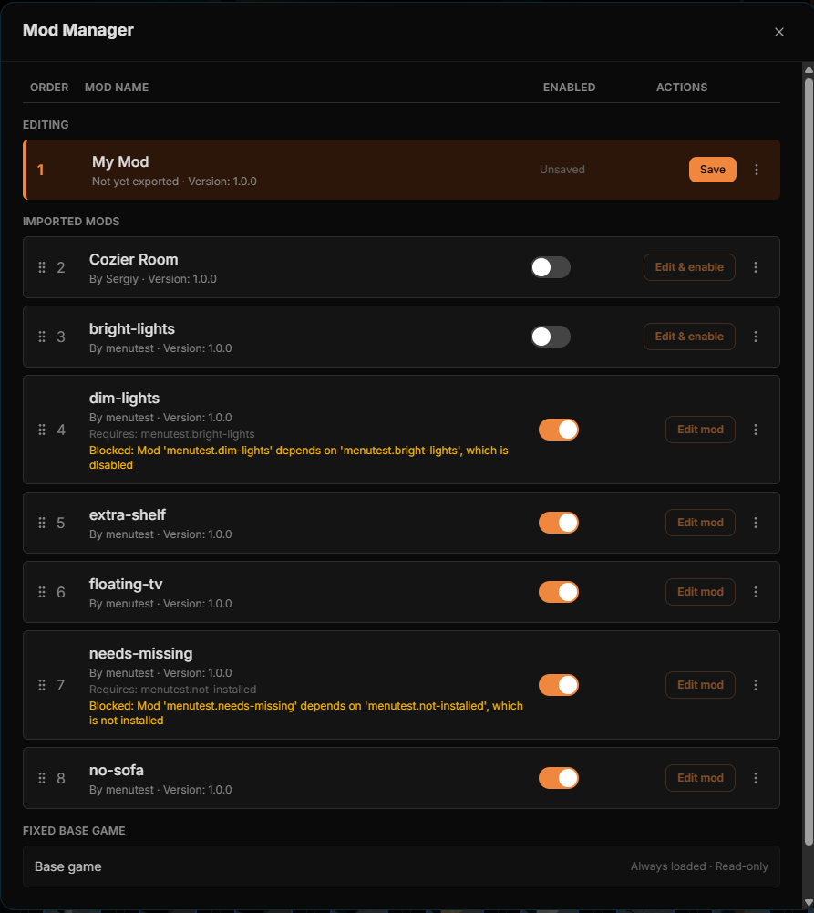 Kobo Mod Manager showing imported mods, enable switches, editing controls, and dependency warnings.