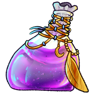 A glass bottle filled with purple liquid, with a piece of white fabric stuffed into the mouth and a golden feather and gold crescent moon tied onto the neck with a woven string strung with blue beads.