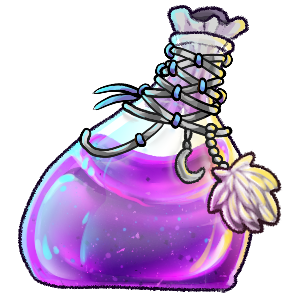 A glass bottle filled with purple liquid, with a piece of white fabric stuffed into the mouth and a white fur tuft and silver crescent moon tied onto the neck with a woven string strung with blue beads.