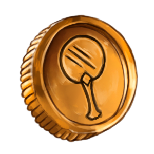 A gold coin with a hand mirror symbol engraved on it.