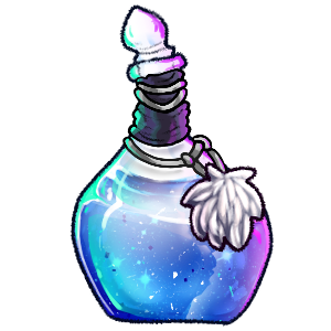A glass bottle filled with blue liquid, with a lumpy white stopper and a white fur tuft tied around the dark neck.