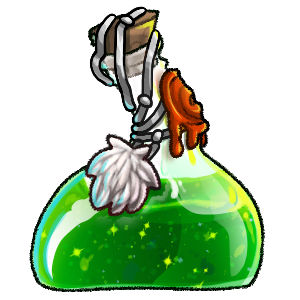 A glass bottle filled with green liquid, with red wax smeared on the neck and a small white fur tuft tied around the cork.