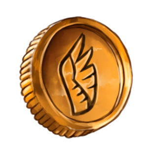 A gold coin with a feathered wing symbol engraved on it.