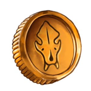 A gold coin with an animal skull symbol engraved on it.
