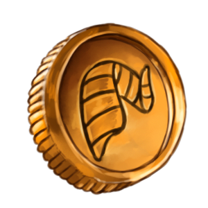 A gold coin with an animal horn symbol engraved on it.