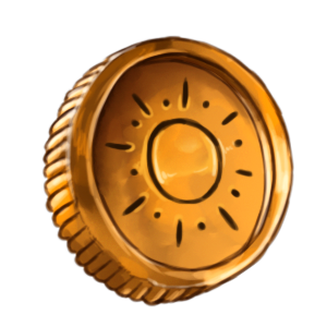A gold coin with a sun symbol engraved on it.