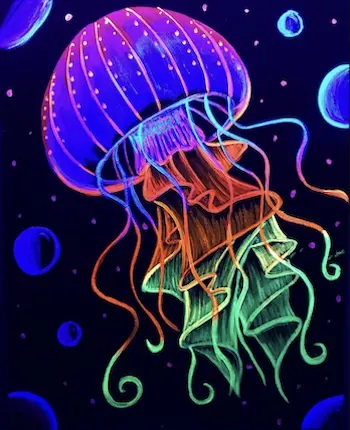 Pintura de un alienígena fluorescente con fondo colorido en VI8RA (VIBRA) Madrid