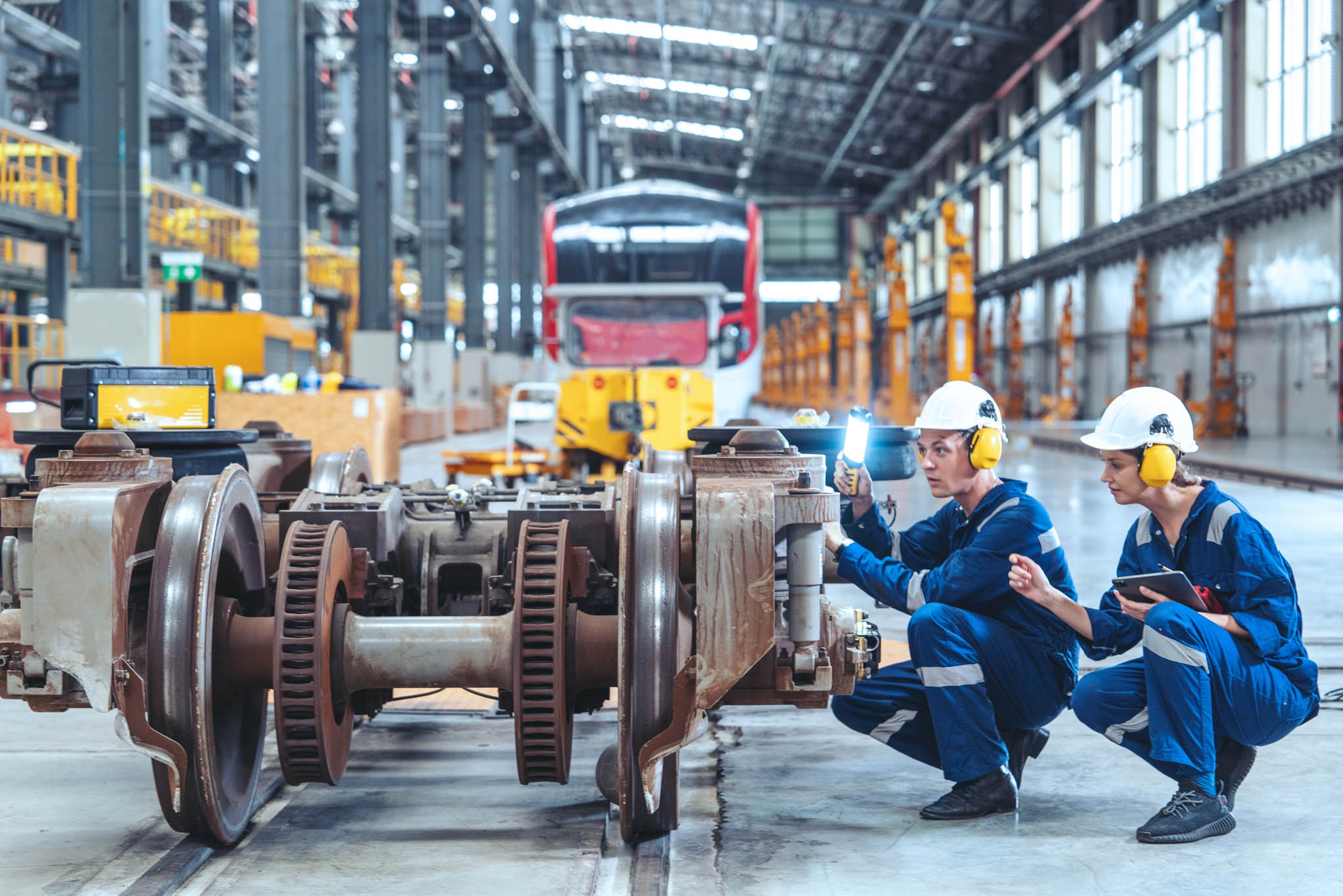 A construction worker doing work on a rail track.