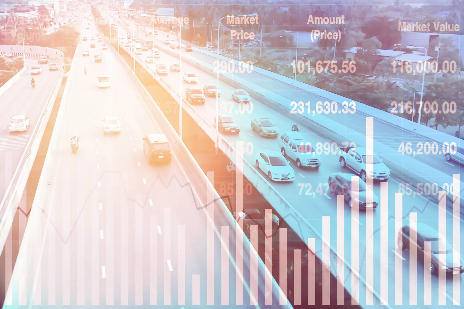 A road with a lot of cars travelling on it with holographic data hovering over it.