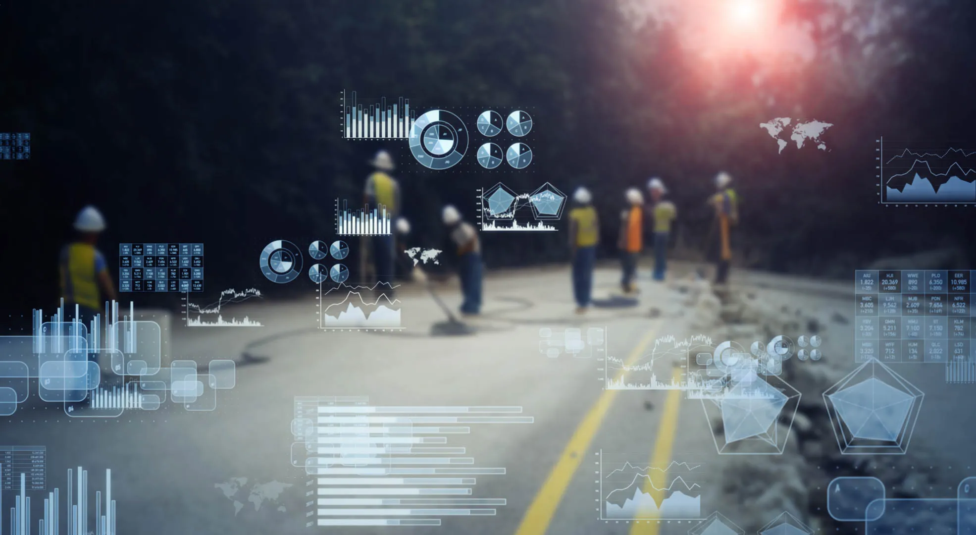 A road with construction workers working on it with holographic data hovering over it.