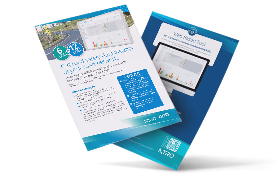 A floating mock-up of NTRO's Road Safety Intelligence Toolkit flyer.