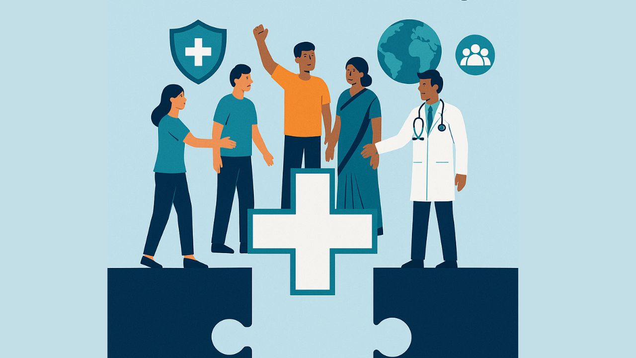 Healthcare workers and CSR professionals collaborating to strengthen universal health coverage systems in India, 2025.