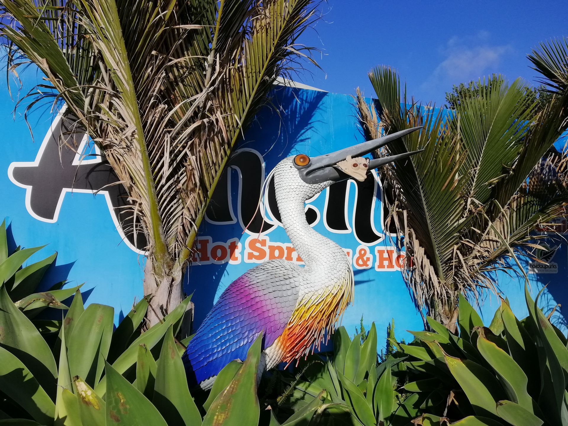 Bird statue at the entrance to Athenree Hot Springs & Holiday Park