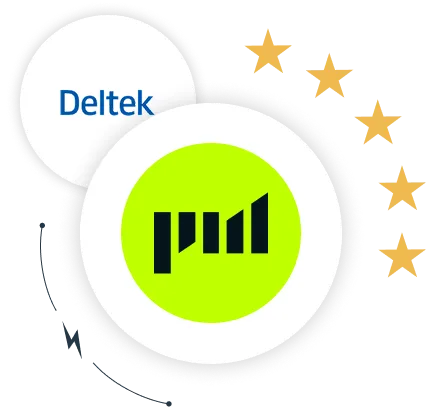 The Projectworks logo overlaid on the Deltek logo. A lightning bolt and 5 gold stars are shown beside the Projectworks logo.