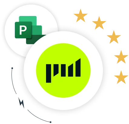 The Projectworks logo overlaid on the Deltek logo. A lightning bolt and 5 gold stars are shown beside the Projectworks logo.
