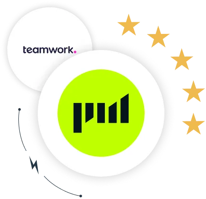 The Projectworks logo overlaid on the Deltek logo. A lightning bolt and 5 gold stars are shown beside the Projectworks logo.