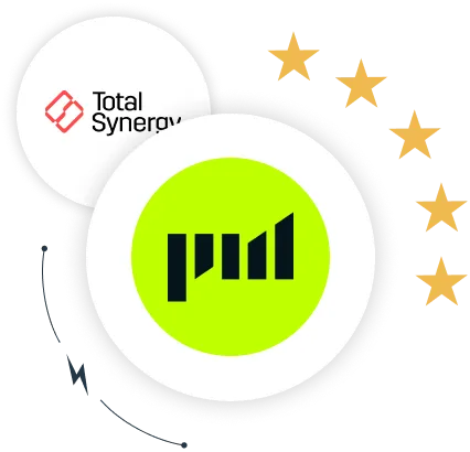 The Projectworks logo overlaid on the Deltek logo. A lightning bolt and 5 gold stars are shown beside the Projectworks logo.