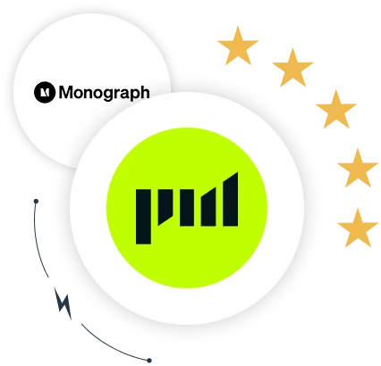 The Projectworks logo overlaid on the Monograph logo. A lightning bolt and 5 gold stars are shown beside the Projectworks logo.