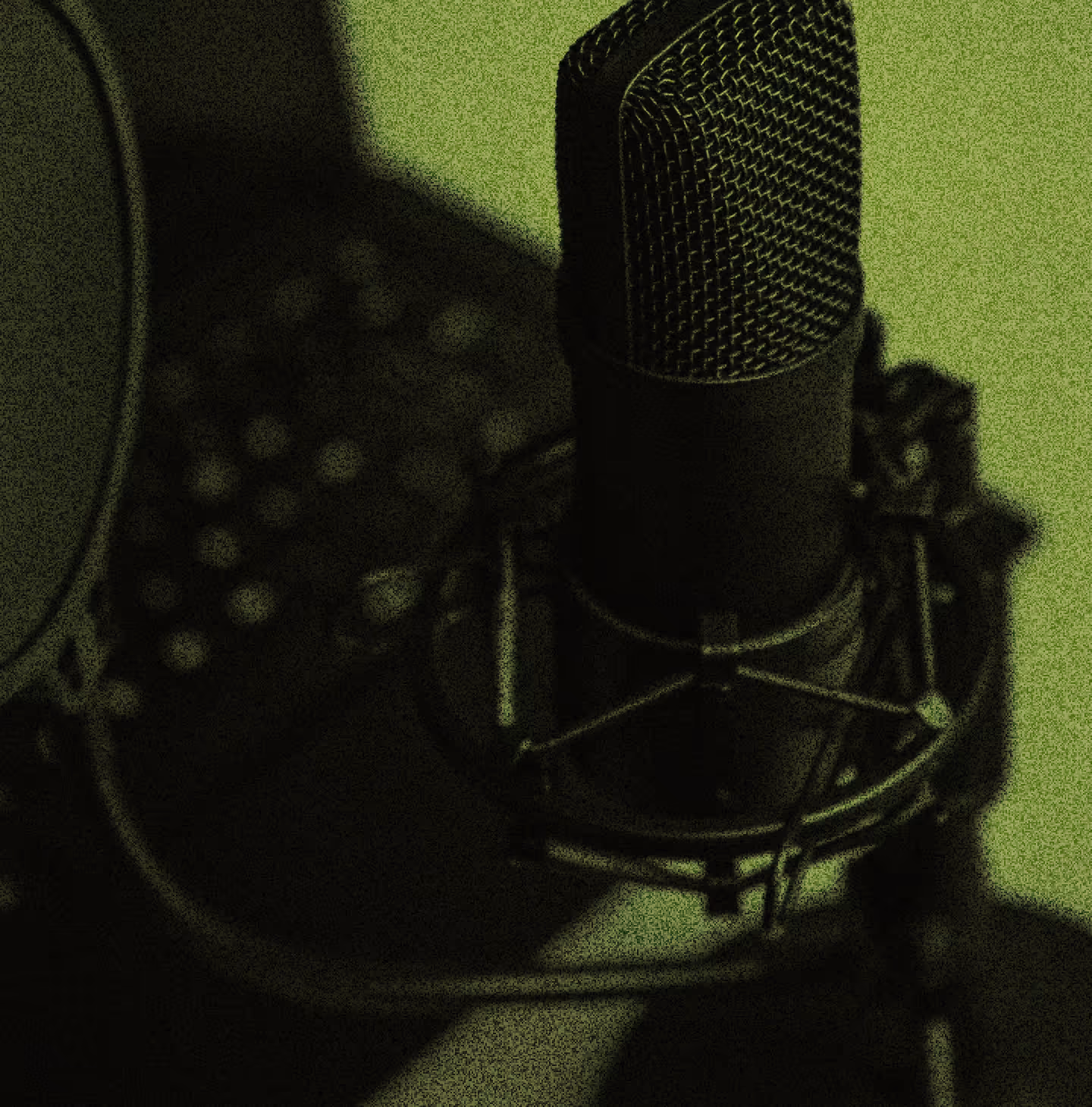 Close-up of a microphone with a pop filter and shock mount in a recording setup.
