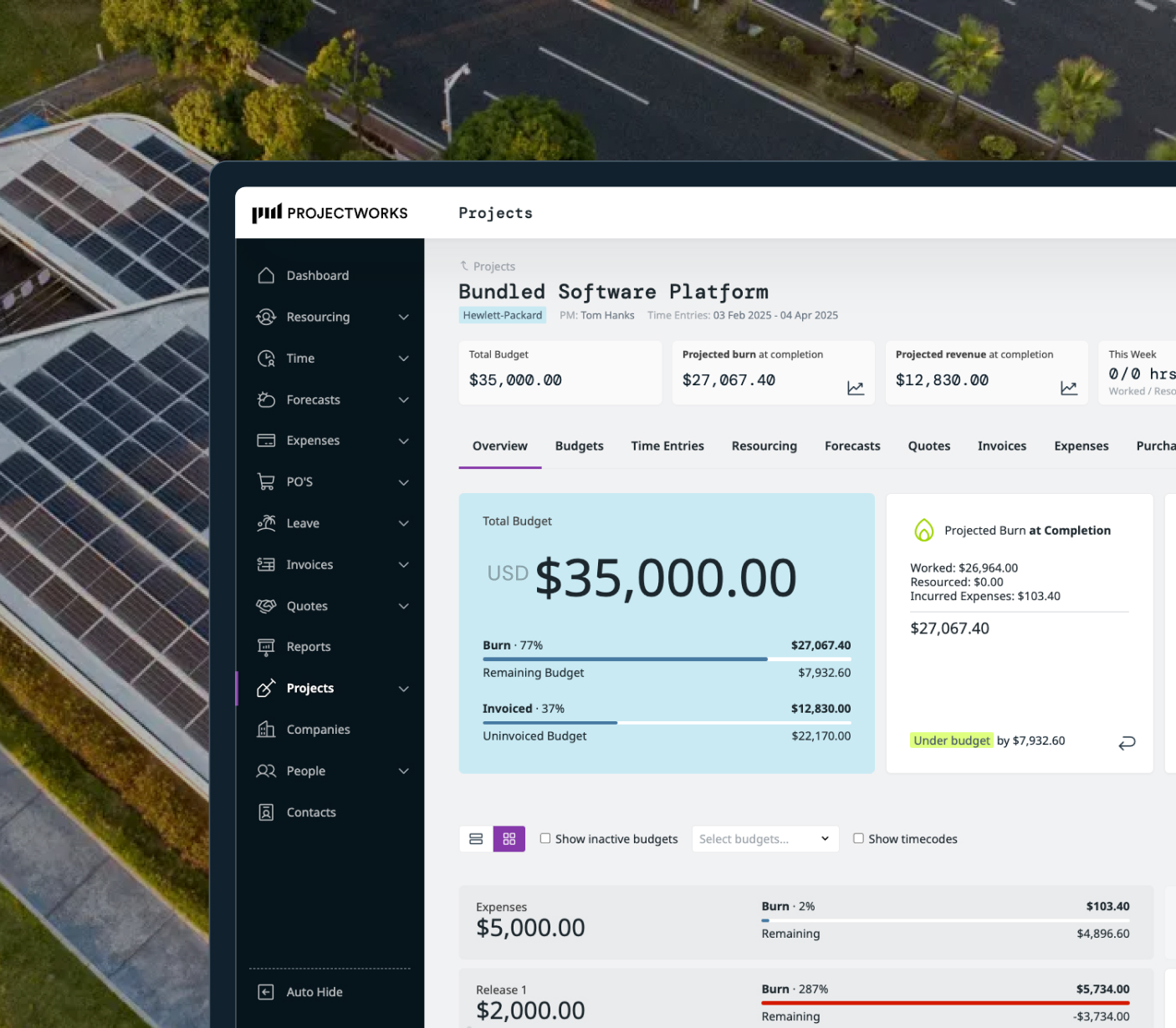 ProjectWorks dashboard showing project budget and burn details for Bundled Software Platform with $35,000 total budget and detailed expense and burn rates.