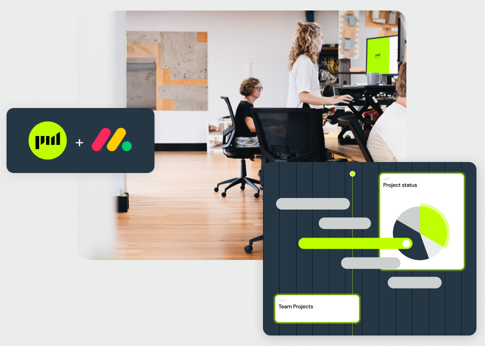 Office with three people working, plus overlay of project status and team projects charts.