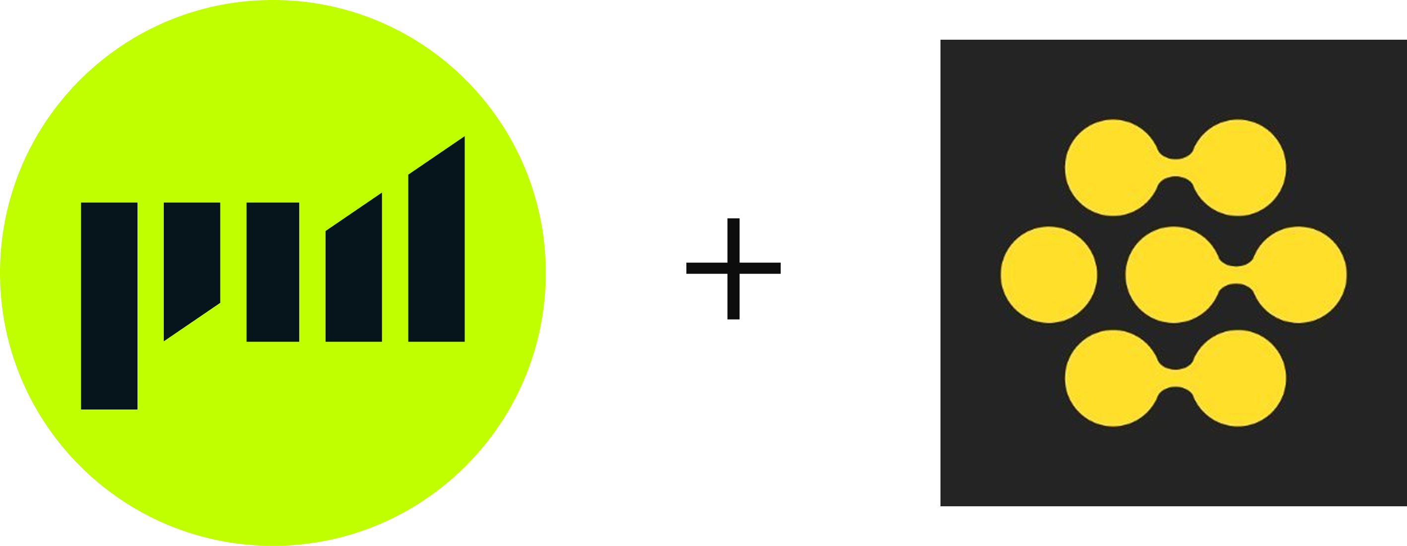 Neon green circle with black bar chart icon next to plus sign and black square with yellow abstract molecule shapes.