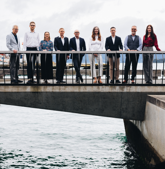 Nine business professionals standing on a bridge over water under a cloudy sky.