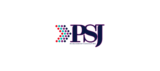 PSJ logo with colorful dot arrow design on black background.