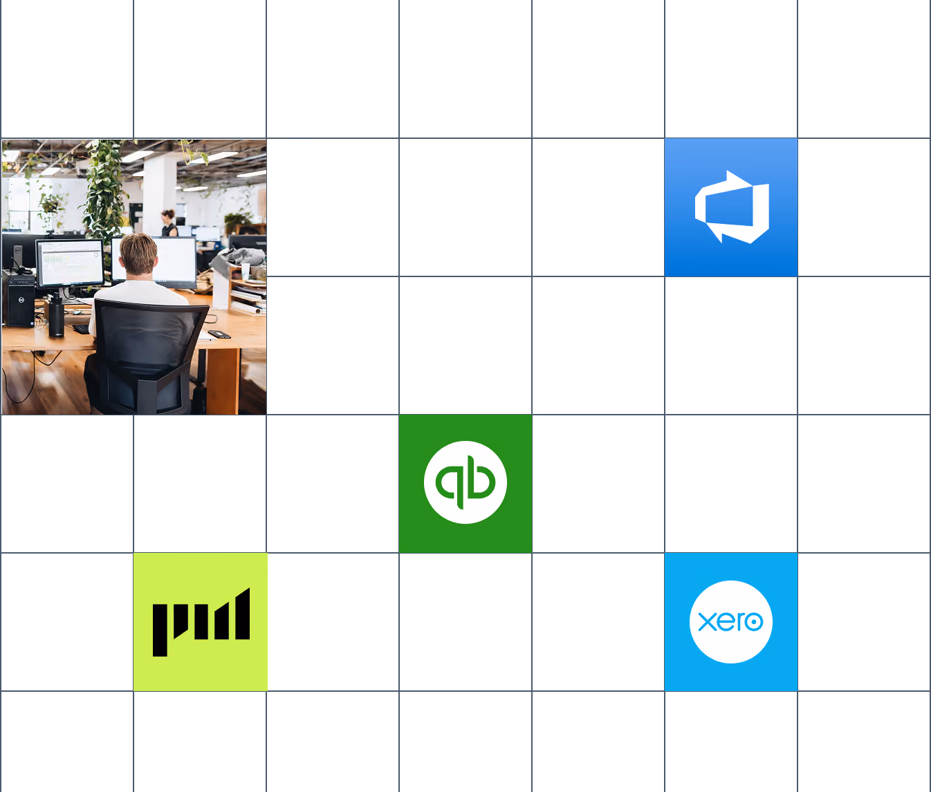 Grid with a photo of a man working on a computer in an office environment in the top left corner and logos of software integrations including Microsoft Azure DevOps, QuickBooks, Marketo, and Xero on green and blue squares in other grid cells.
