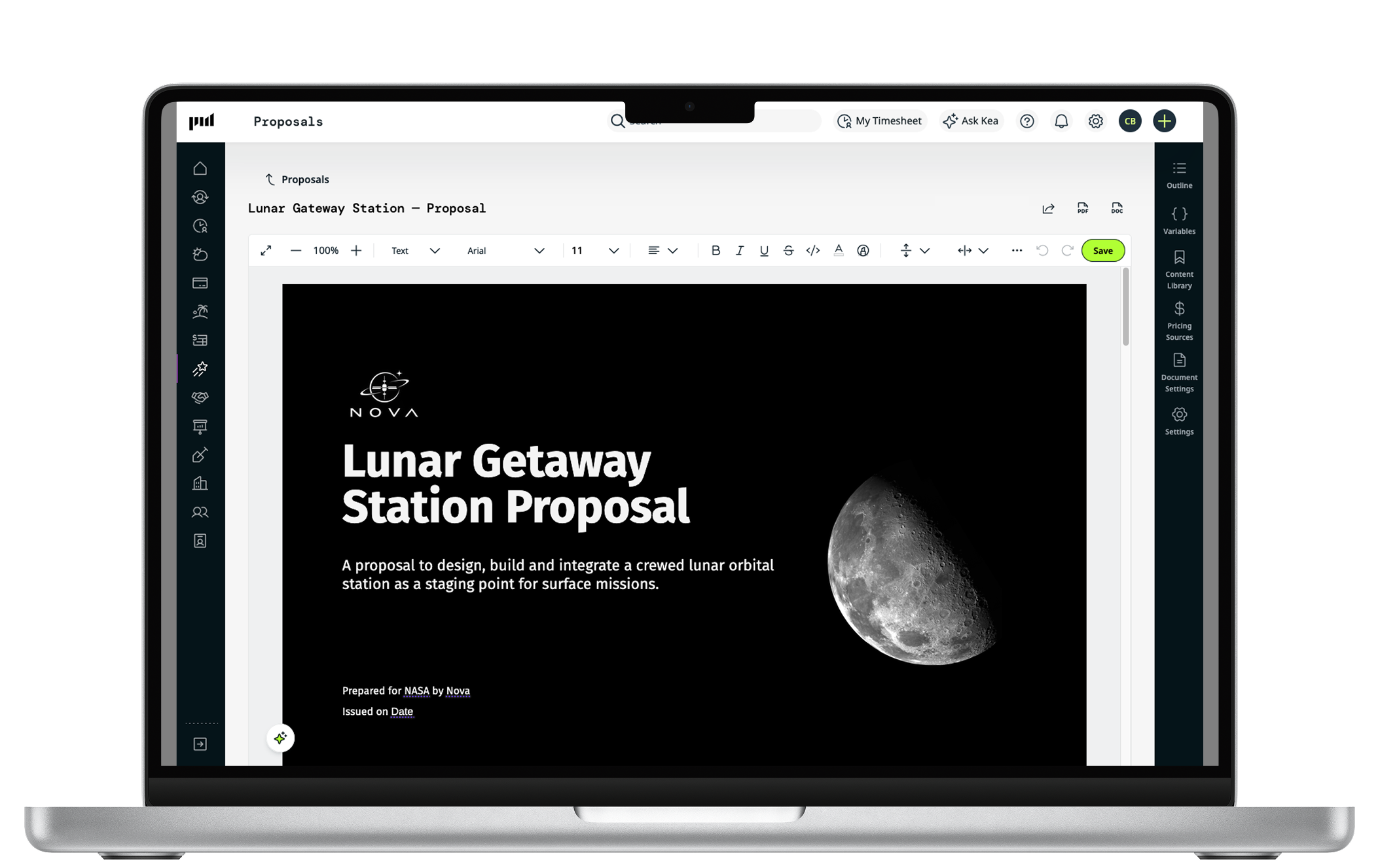 Projectworks Proposals editor shown on a laptop