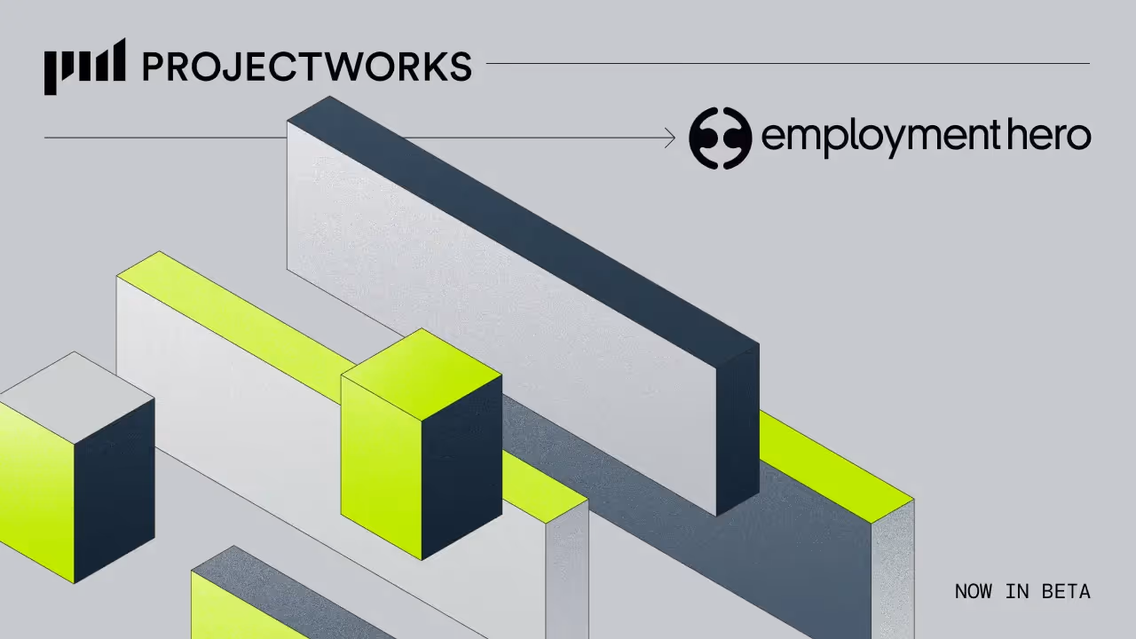 Green and gray geometric blocks sit on a gray background. The Projectworks and Employment Hero logos appear in black on opposite sides of the image, beside thin black lines. Black text reading "NOW IN BETA" sits in the lower right hand side of the image.