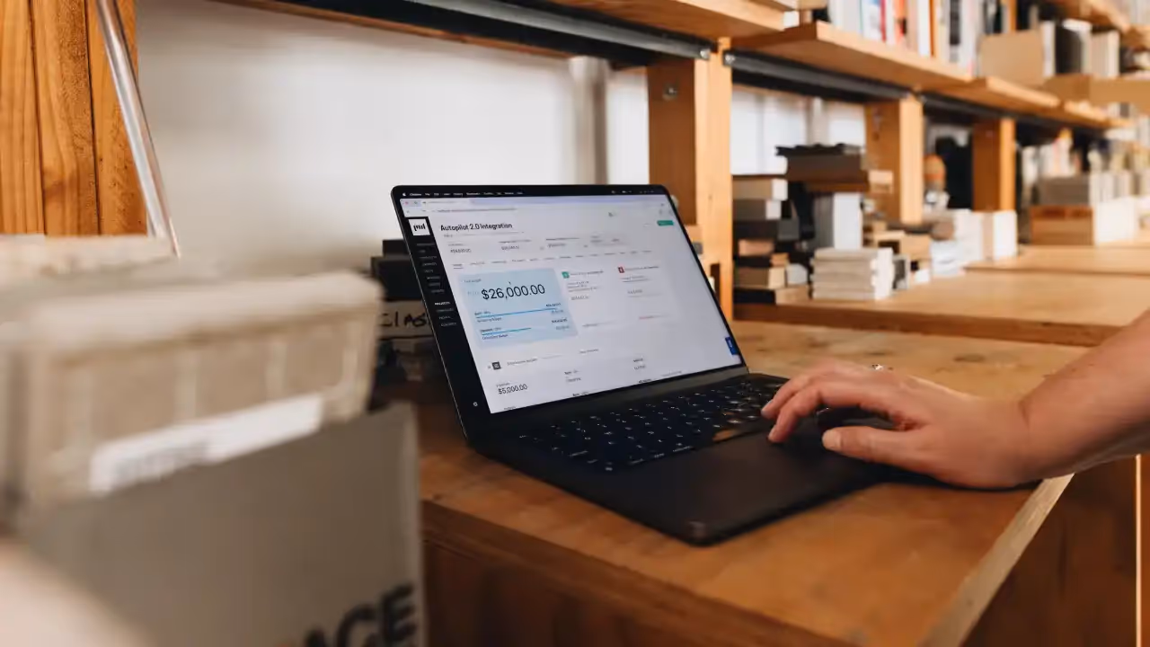 Laptop with Projectworks software on screen and hand of consultant working with it.