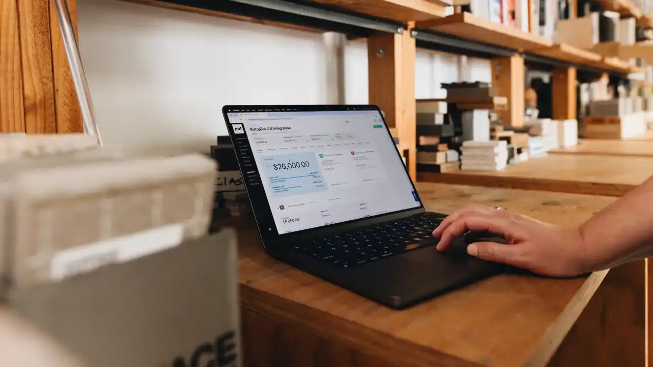 Laptop with Projectworks software on screen and hand of consultant working with it.
